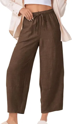 YRAETENM Women's Linen Pants Summer Drawstring High Waisted Solid Beach Pants Casual Wide Leg Lounge Trousers with Pockets
