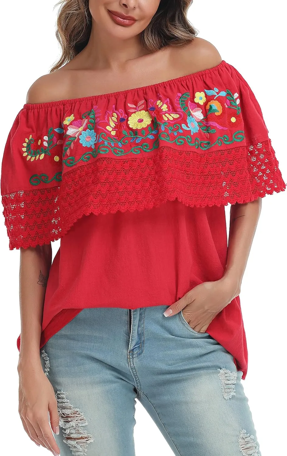 YZXDORWJ Women Mexican Embroidered Off-Shoulder Shirt Lace Falbala Top