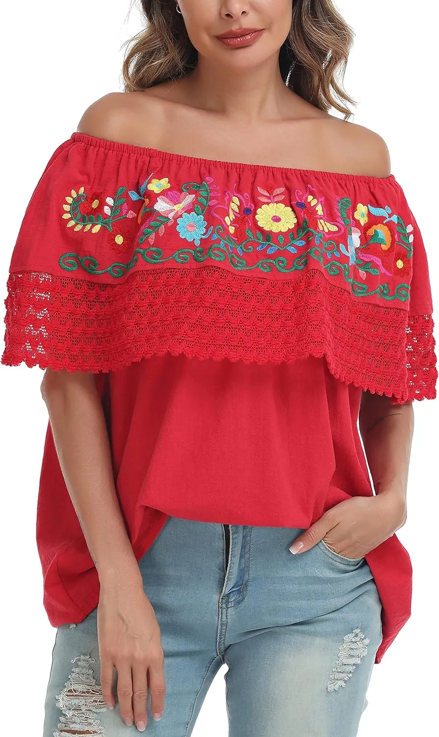 YZXDORWJ Women Mexican Embroidered Off-Shoulder Shirt Lace Falbala Top