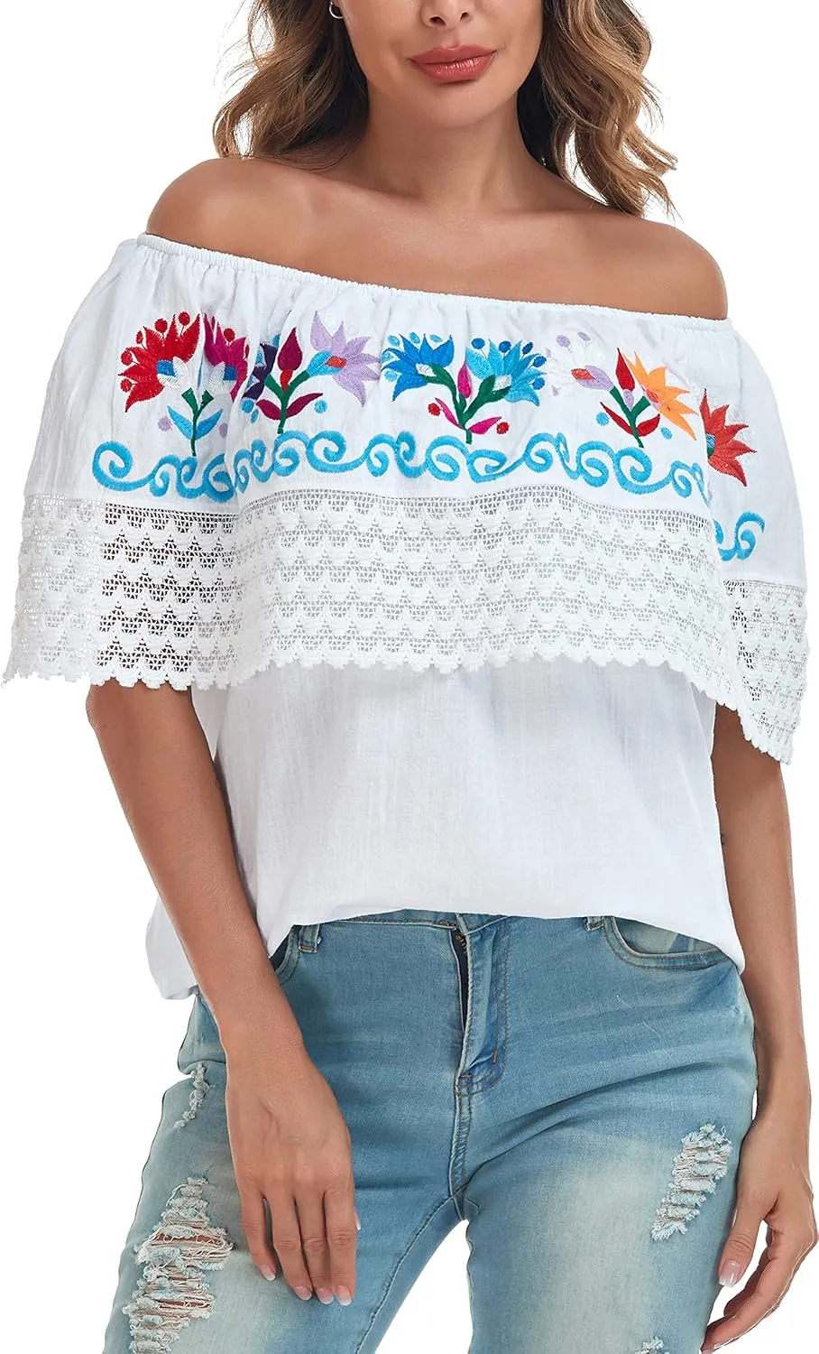 YZXDORWJ Women Mexican Embroidered Off-Shoulder Shirt Lace Falbala Top