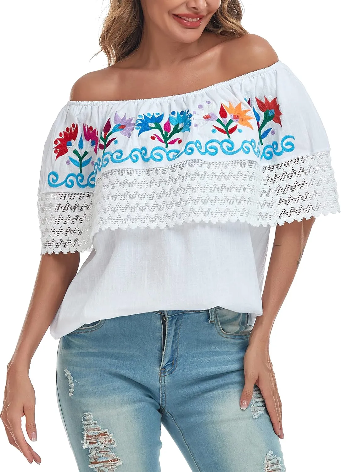 YZXDORWJ Women Mexican Embroidered Off-Shoulder Shirt Lace Falbala Top