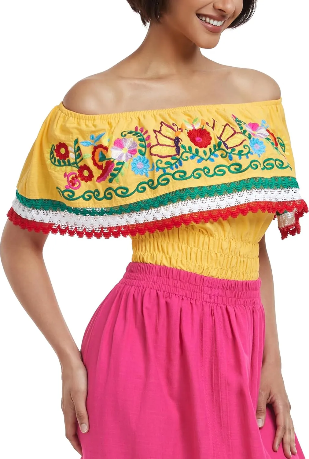YZXDORWJ Women Mexican Embroidered Off-Shoulder Shirt Lace Falbala Top