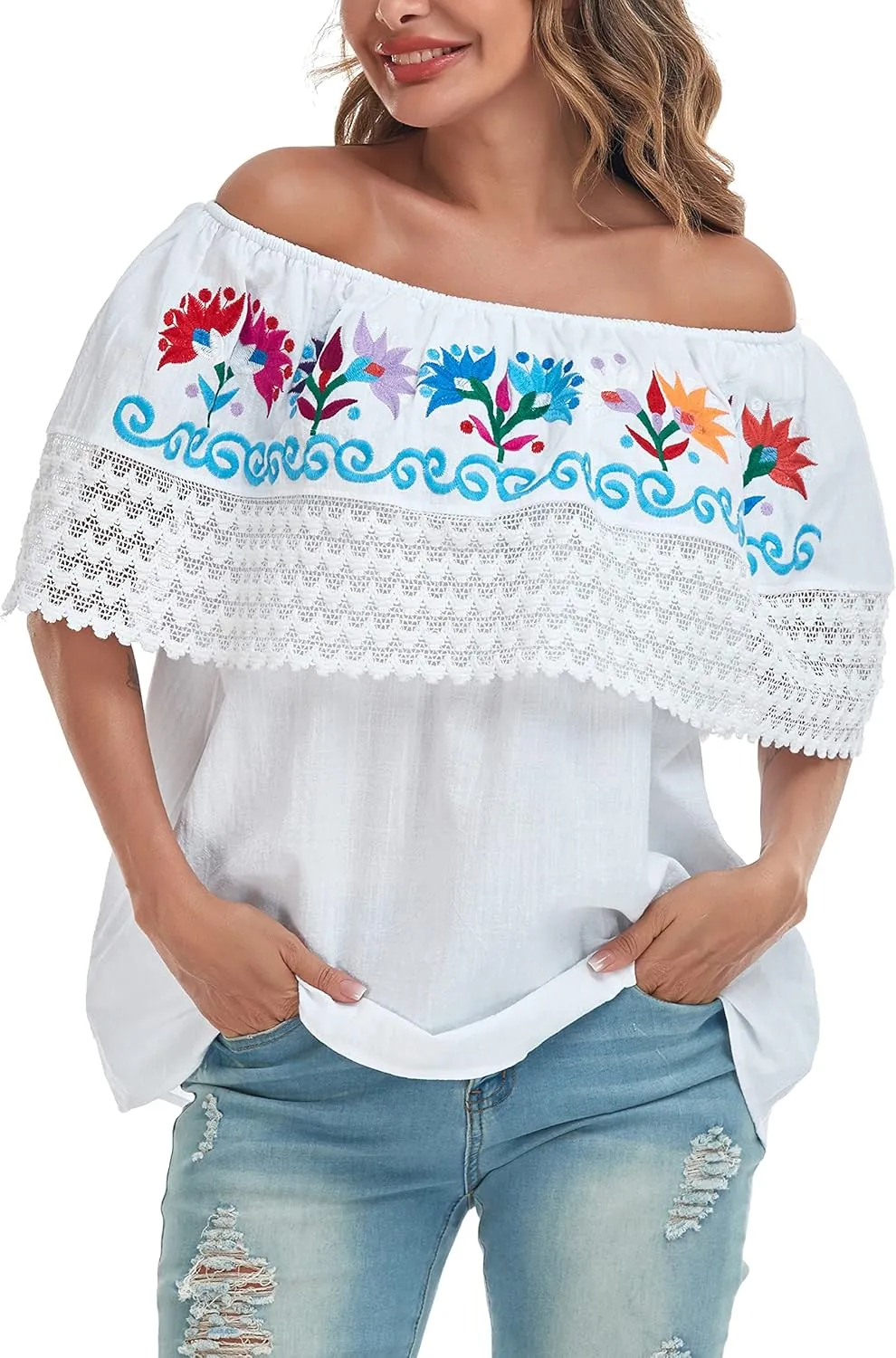 YZXDORWJ Women Mexican Embroidered Off-Shoulder Shirt Lace Falbala Top