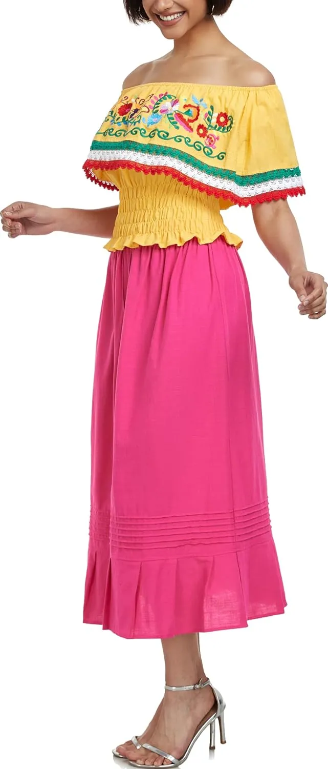 YZXDORWJ Women Mexican Embroidered Off-Shoulder Shirt Lace Falbala Top