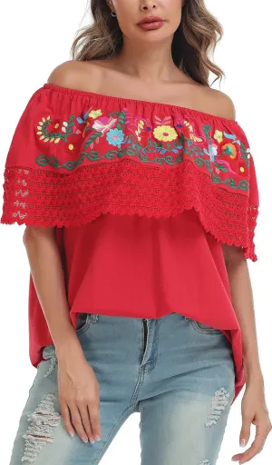YZXDORWJ Women Mexican Embroidered Off-Shoulder Shirt Lace Falbala Top