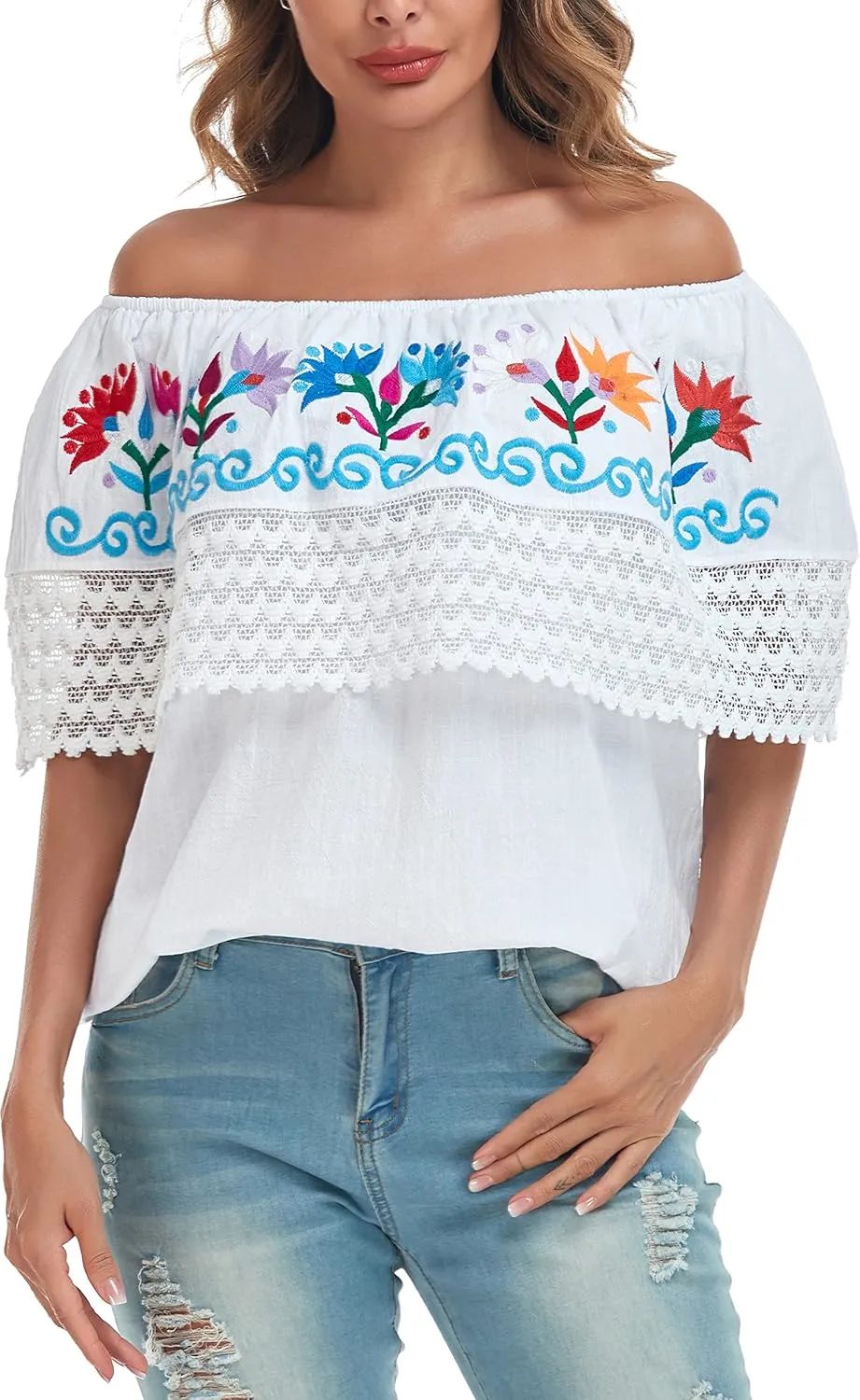 YZXDORWJ Women Mexican Embroidered Off-Shoulder Shirt Lace Falbala Top