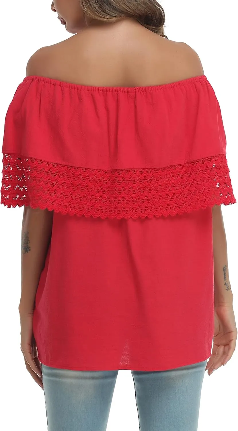 YZXDORWJ Women Mexican Embroidered Off-Shoulder Shirt Lace Falbala Top