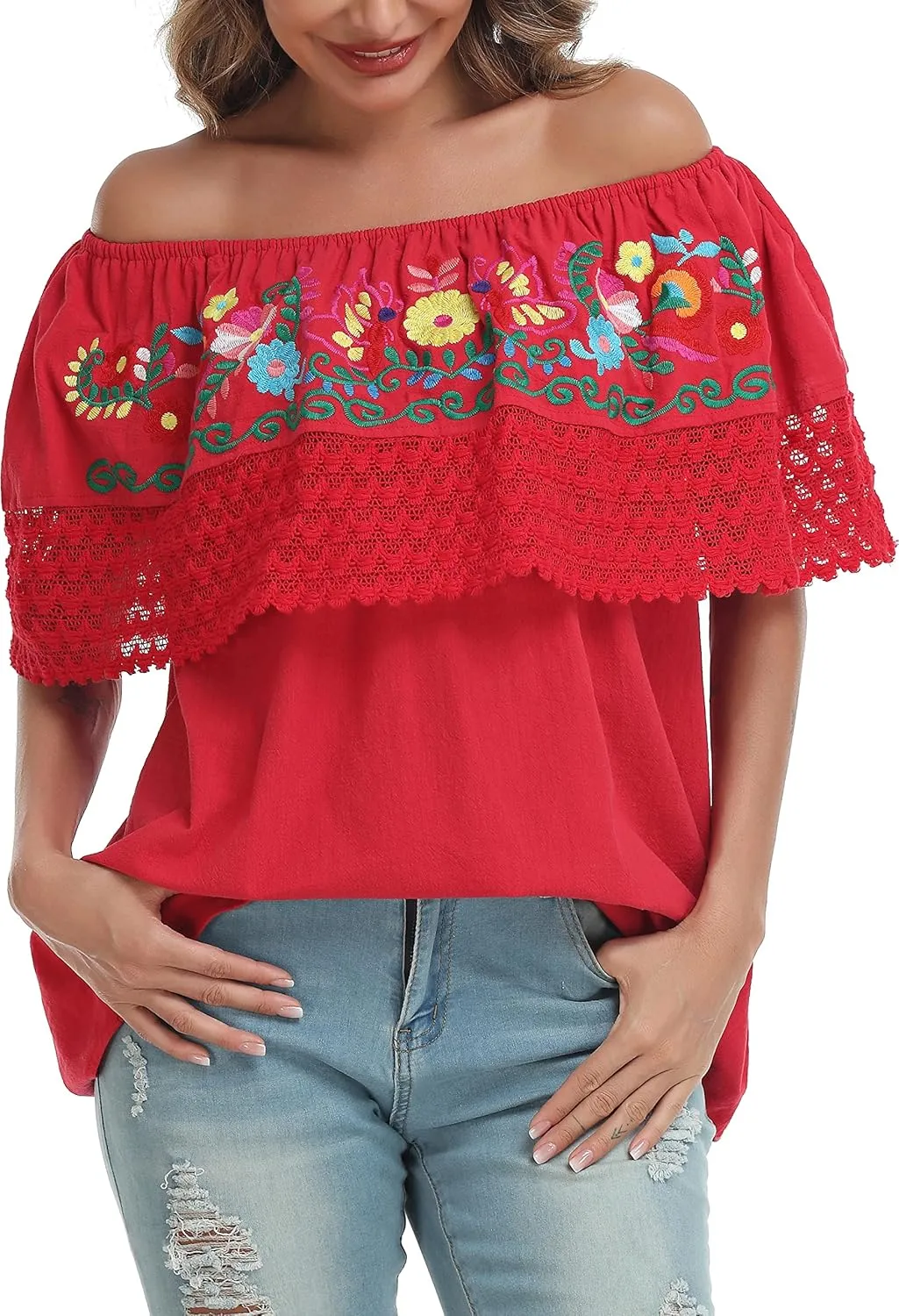 YZXDORWJ Women Mexican Embroidered Off-Shoulder Shirt Lace Falbala Top
