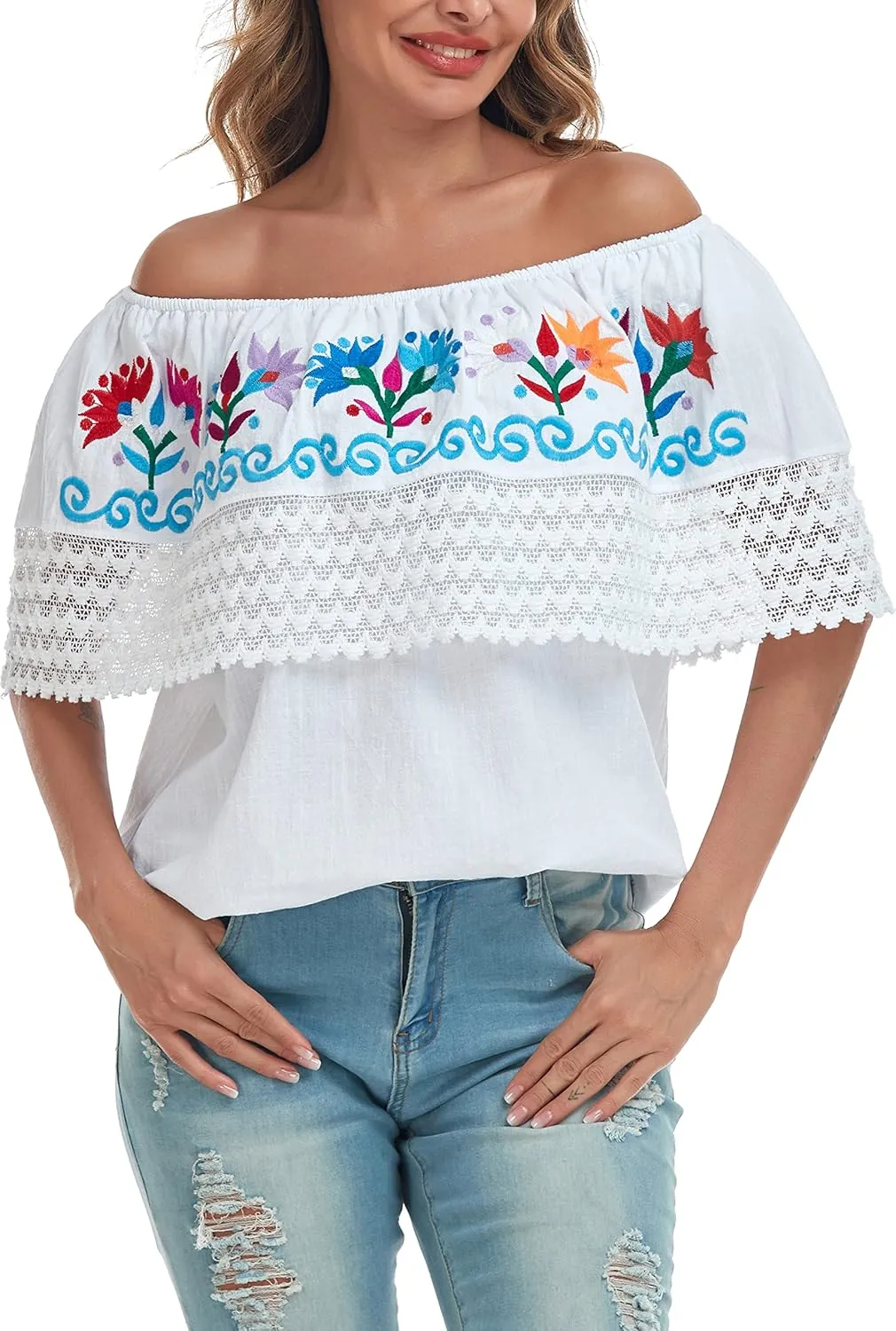 YZXDORWJ Women Mexican Embroidered Off-Shoulder Shirt Lace Falbala Top