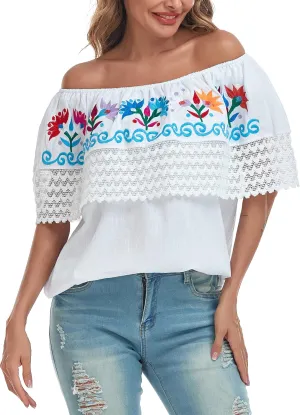 YZXDORWJ Women Mexican Embroidered Off-Shoulder Shirt Lace Falbala Top