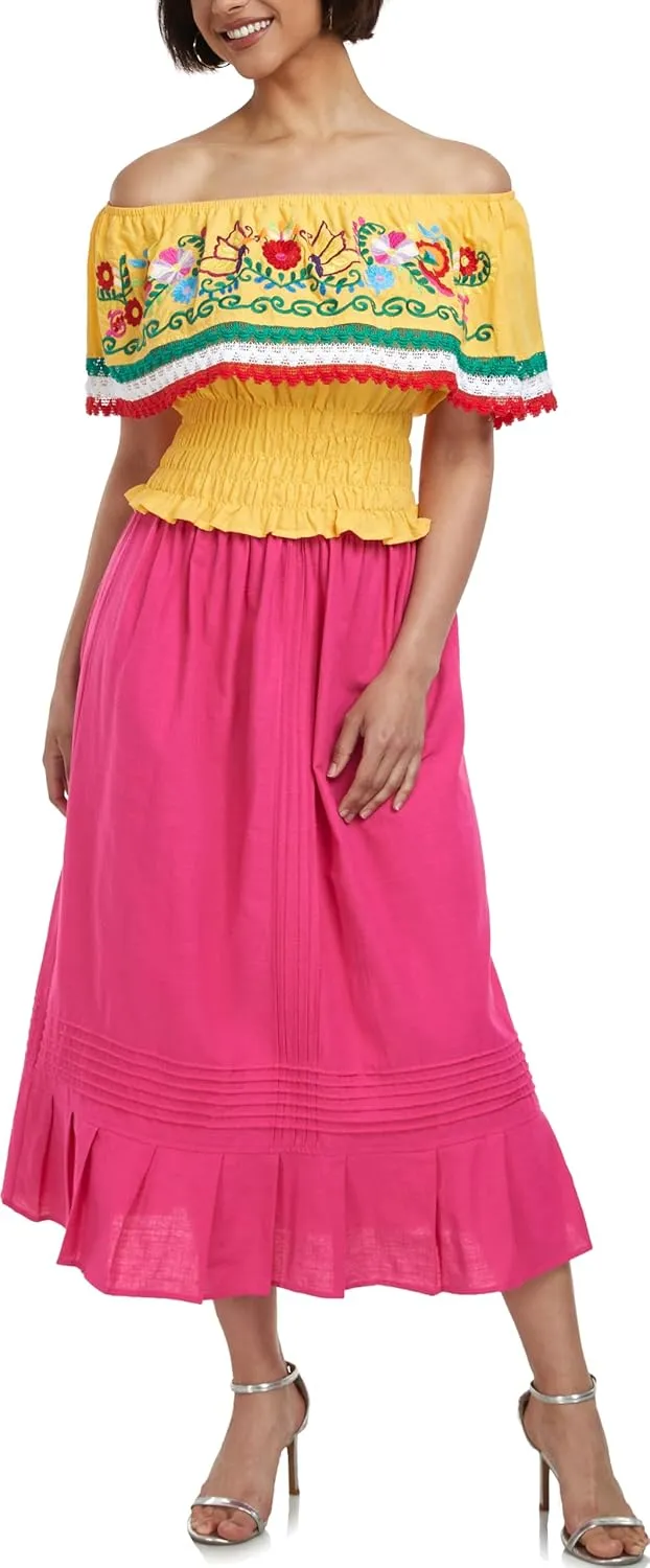 YZXDORWJ Women Mexican Embroidered Off-Shoulder Shirt Lace Falbala Top