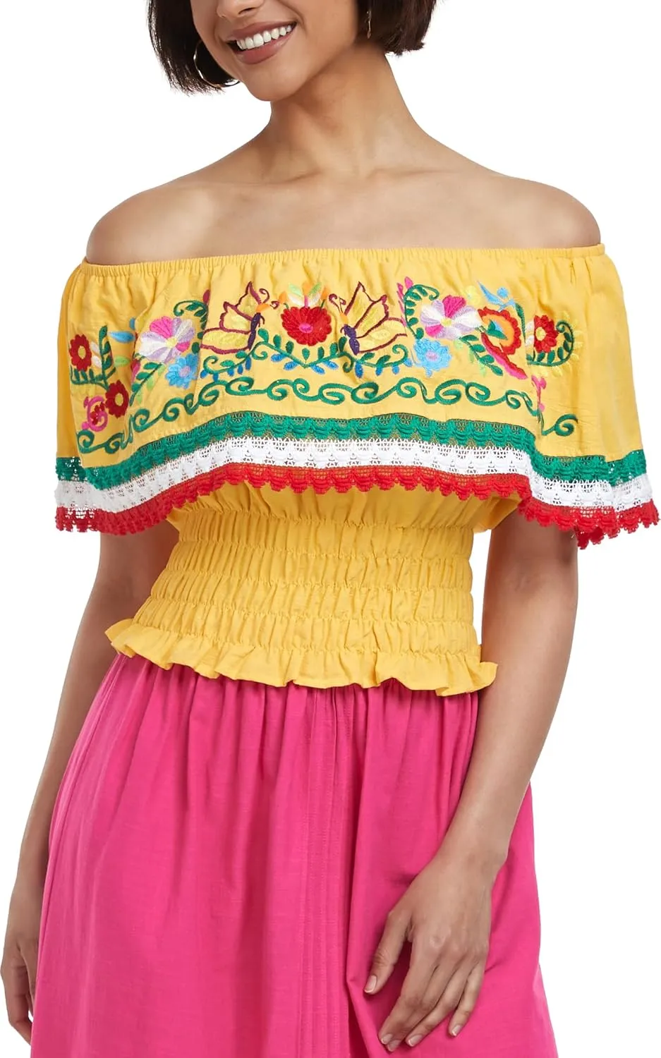 YZXDORWJ Women Mexican Embroidered Off-Shoulder Shirt Lace Falbala Top