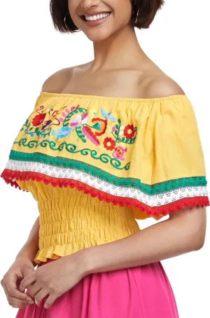 YZXDORWJ Women Mexican Embroidered Off-Shoulder Shirt Lace Falbala Top
