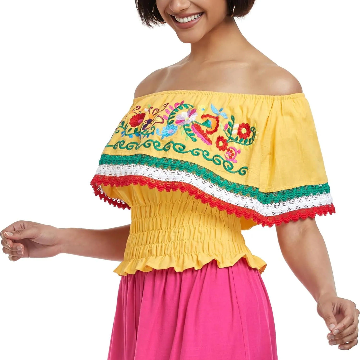 YZXDORWJ Women Mexican Embroidered Off-Shoulder Shirt Lace Falbala Top