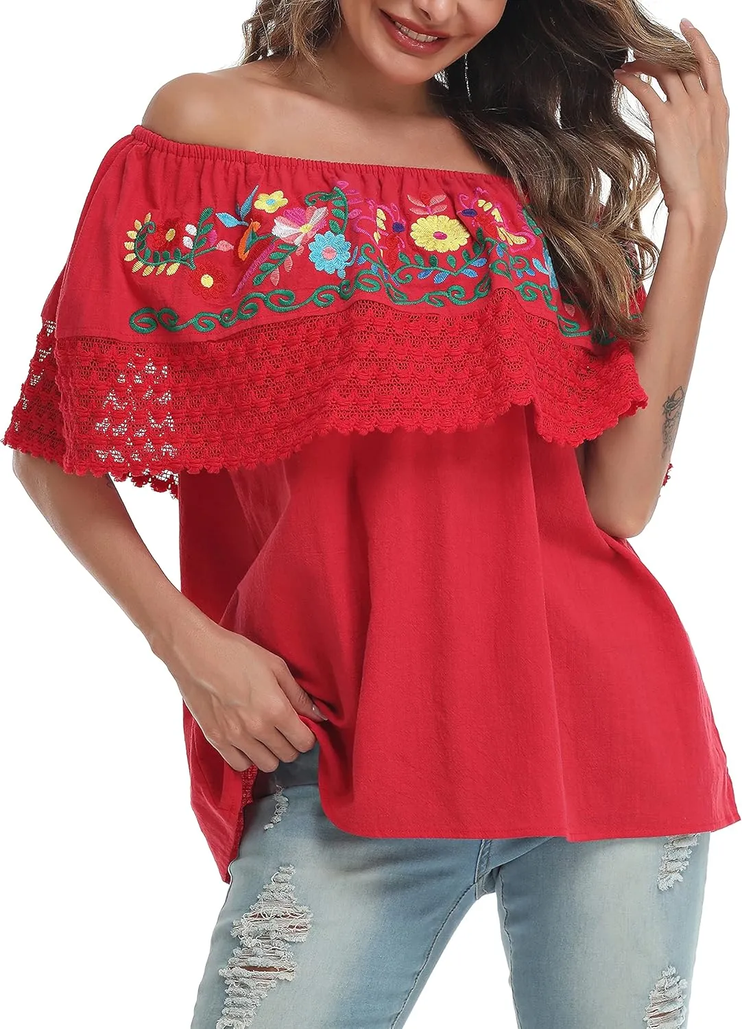 YZXDORWJ Women Mexican Embroidered Off-Shoulder Shirt Lace Falbala Top