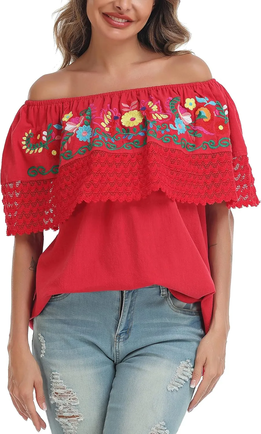 YZXDORWJ Women Mexican Embroidered Off-Shoulder Shirt Lace Falbala Top