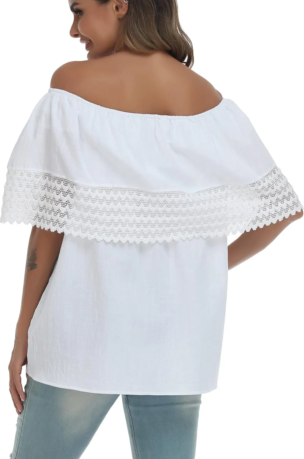 YZXDORWJ Women Mexican Embroidered Off-Shoulder Shirt Lace Falbala Top
