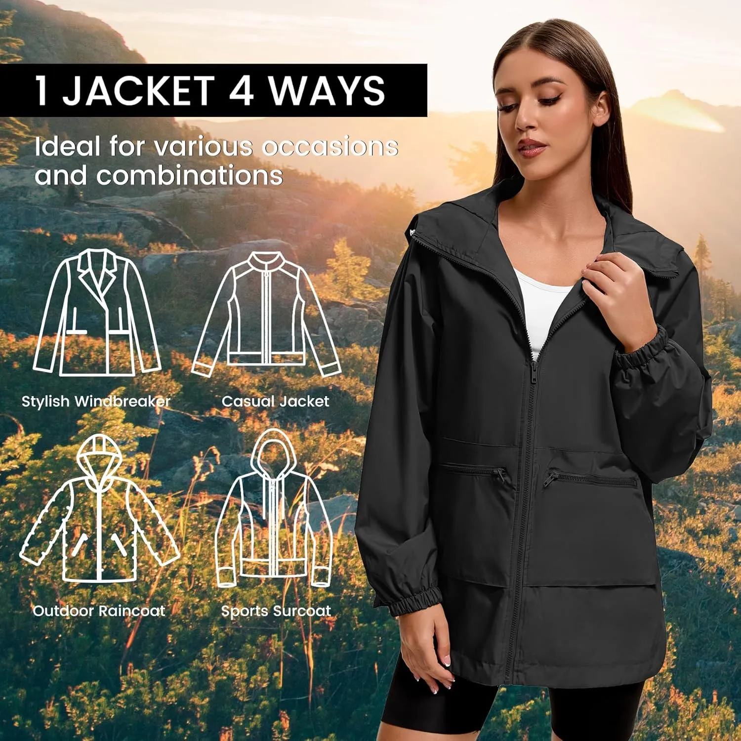Zando Rain Jacket for Women Waterproof Lightweight Raincoat with Hood Packable Windbreaker with Pockets for Outdoor