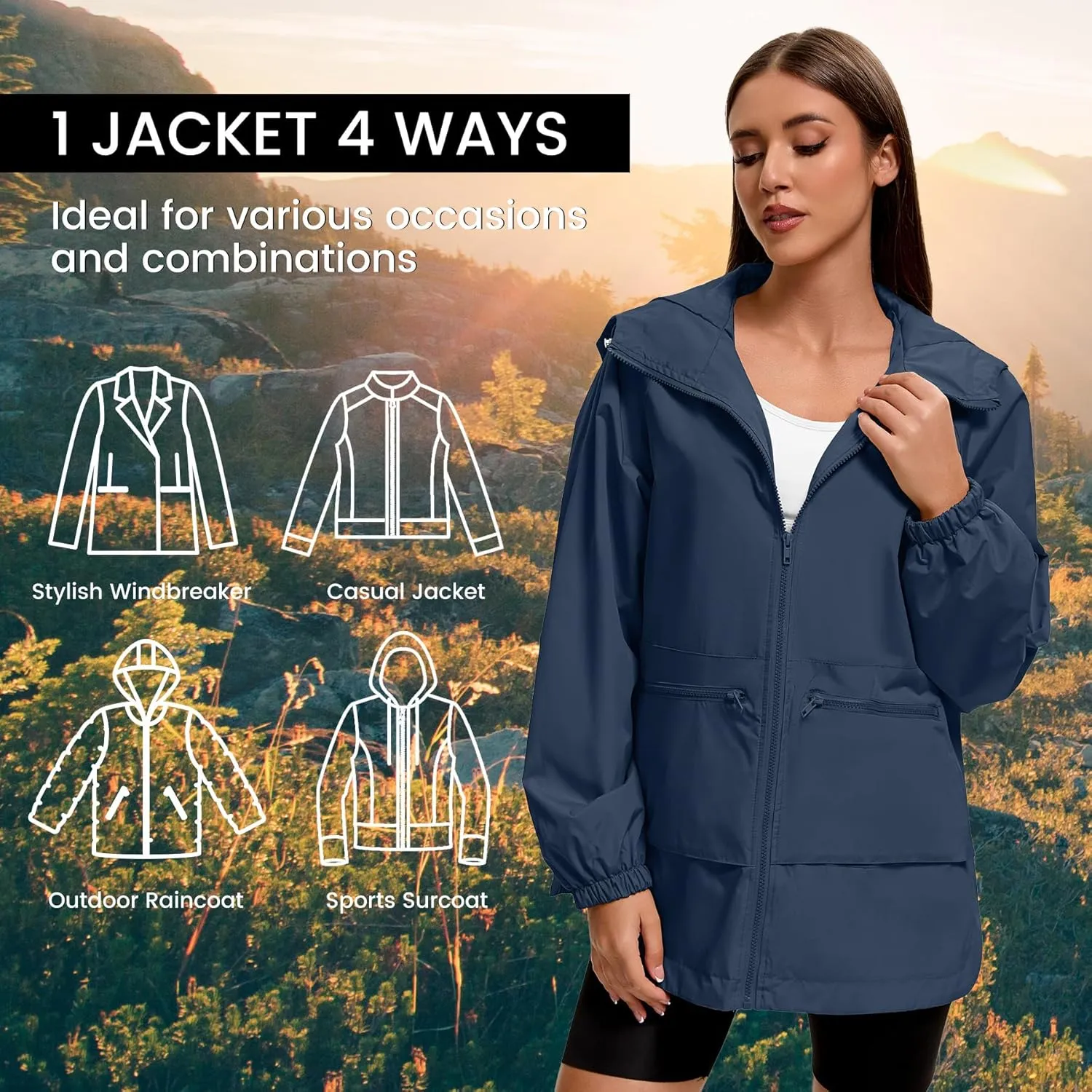 Zando Rain Jacket for Women Waterproof Lightweight Raincoat with Hood Packable Windbreaker with Pockets for Outdoor
