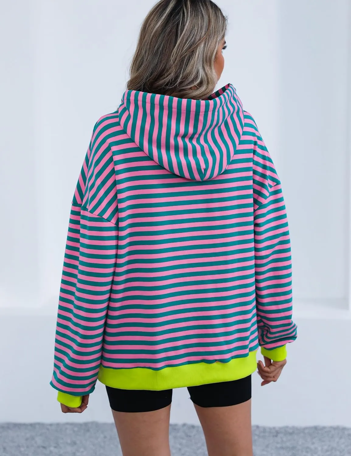 ZILIN Womens Striped Oversized Sweatshirts Long Sleeve Color Block Hoodies Pullover Top Y2K Clothes with Pocket