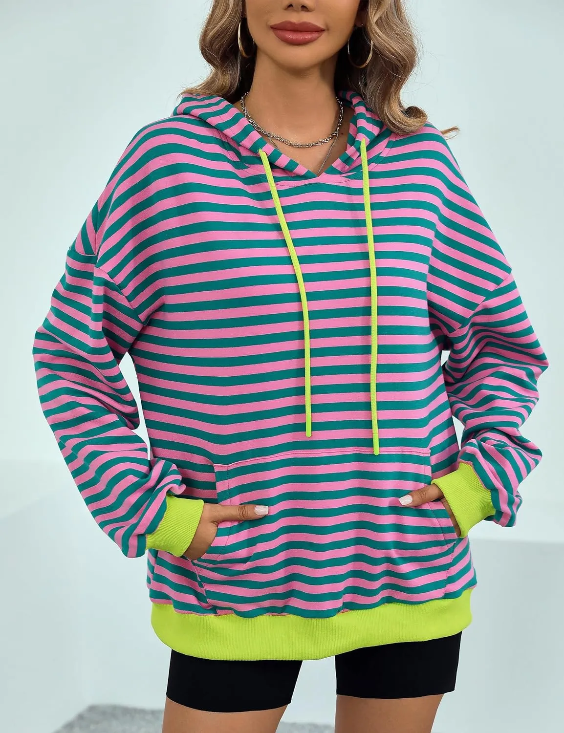 ZILIN Womens Striped Oversized Sweatshirts Long Sleeve Color Block Hoodies Pullover Top Y2K Clothes with Pocket