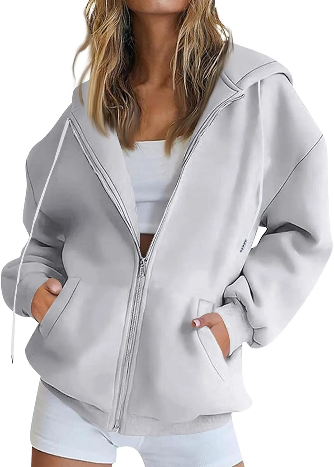 Zip Up Hoodie Women Oversized Fleece Jacket Drawstring Cute Hoodies Y2k Lightweight Fall Sweatshirts with Pockets