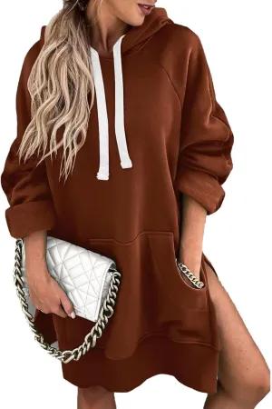 ZOCANIA Women Hoodie Dress Long Sleeve Split Slit Long Sweatshirt Drawstring Fleece Hooded Pullover with Kangaroo Pocket