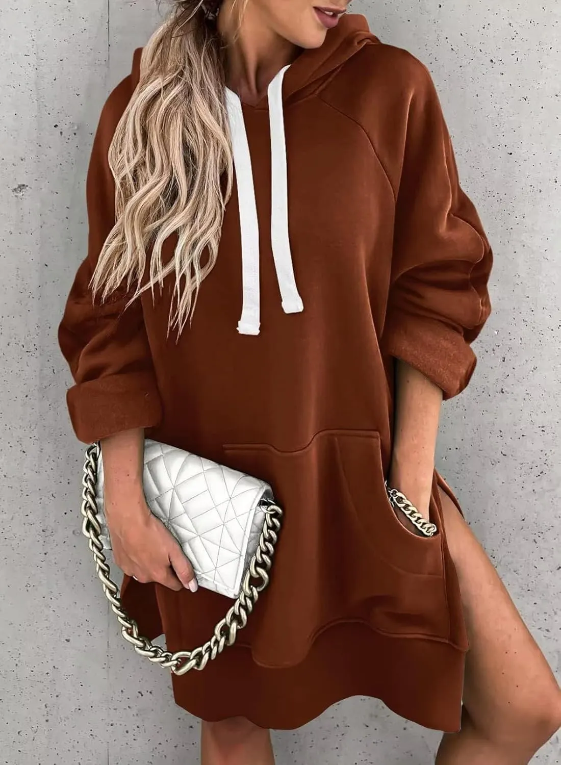 ZOCANIA Women Hoodie Dress Long Sleeve Split Slit Long Sweatshirt Drawstring Fleece Hooded Pullover with Kangaroo Pocket