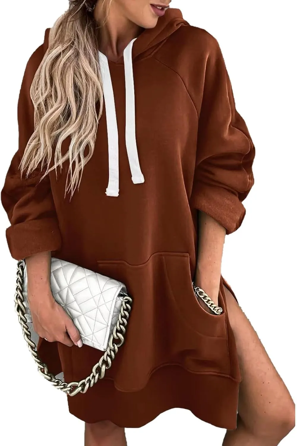 ZOCANIA Women Hoodie Dress Long Sleeve Split Slit Long Sweatshirt Drawstring Fleece Hooded Pullover with Kangaroo Pocket