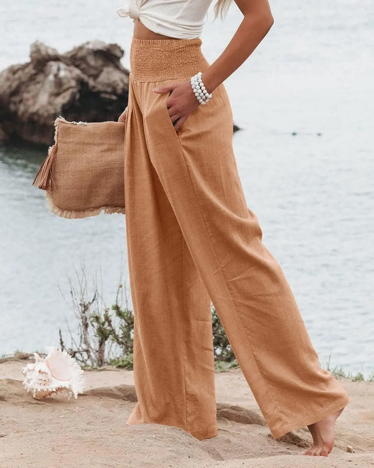 ZWRXW 2025 Linen Pants Women Summer Boho Wide Leg Palazzo Pants High Waist Casual Lounge Pant for Beach Travel Vacation Work