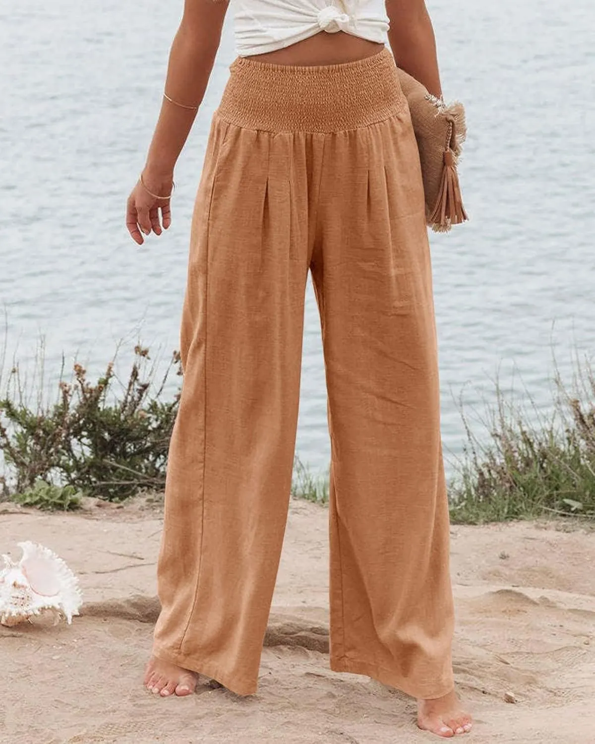 ZWRXW 2025 Linen Pants Women Summer Boho Wide Leg Palazzo Pants High Waist Casual Lounge Pant for Beach Travel Vacation Work