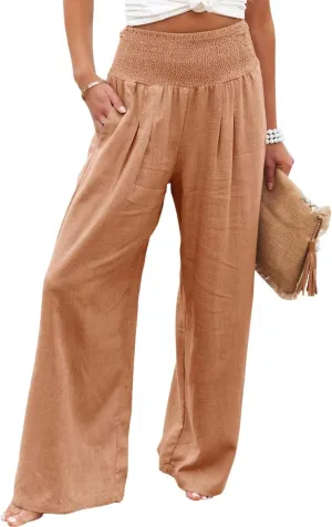 ZWRXW 2025 Linen Pants Women Summer Boho Wide Leg Palazzo Pants High Waist Casual Lounge Pant for Beach Travel Vacation Work